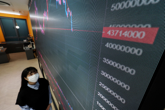 지난 24일 서울 빗썸 강남센터 시세 현황판에 비트코인 시세 그래프가 표시되고 있다. <연합뉴스>